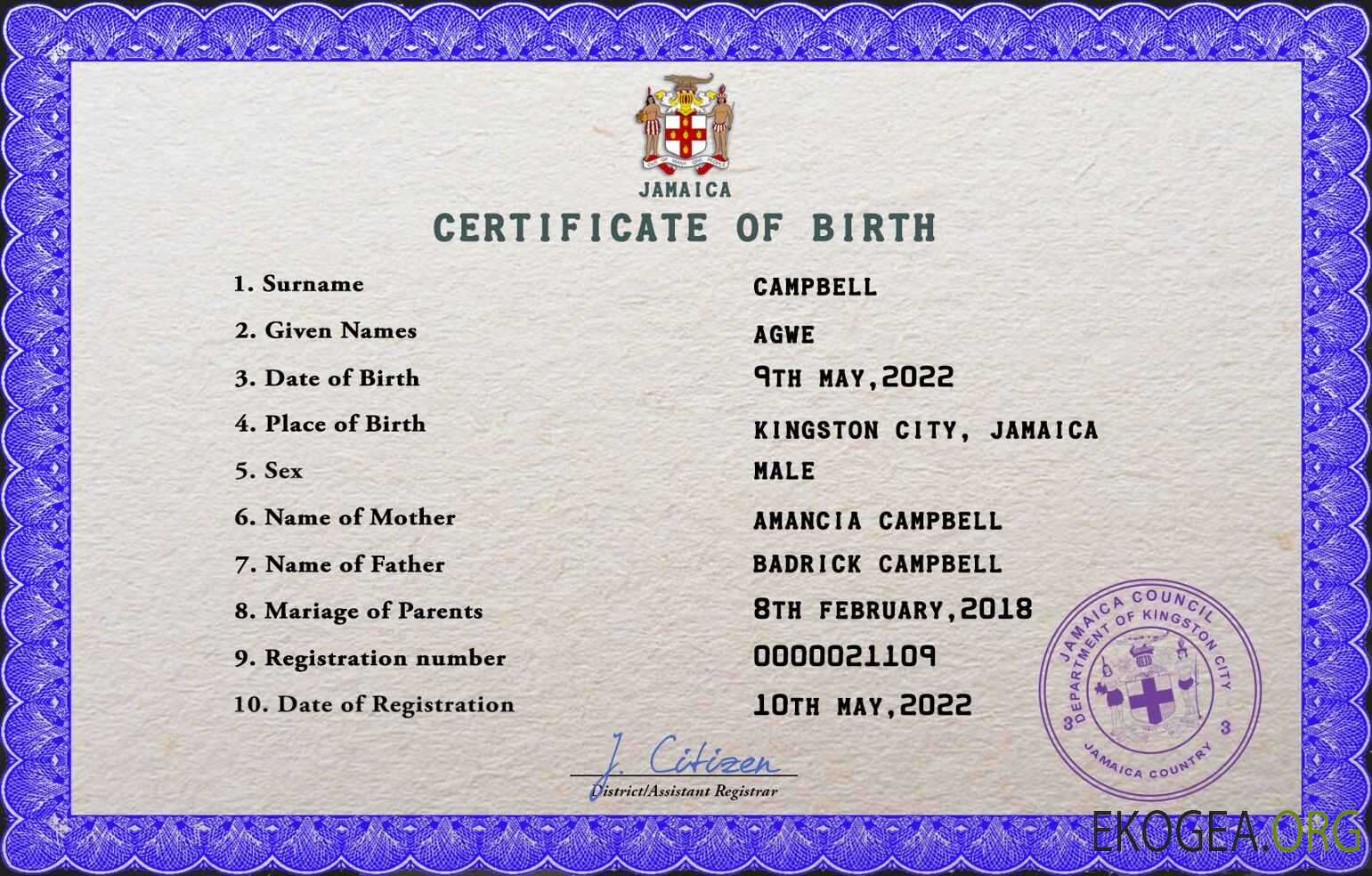 Modèle PSD de certificat de naissance de l'état civil de la Jamaïque